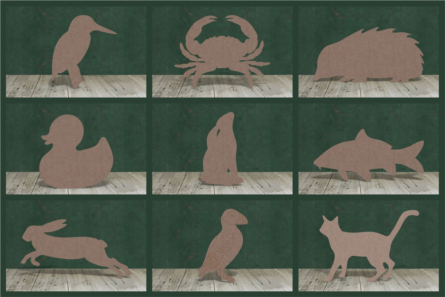 A collection of wooden animal out-line shapes made from 2mm thick MDF, ideal for crafting and decorative purposes