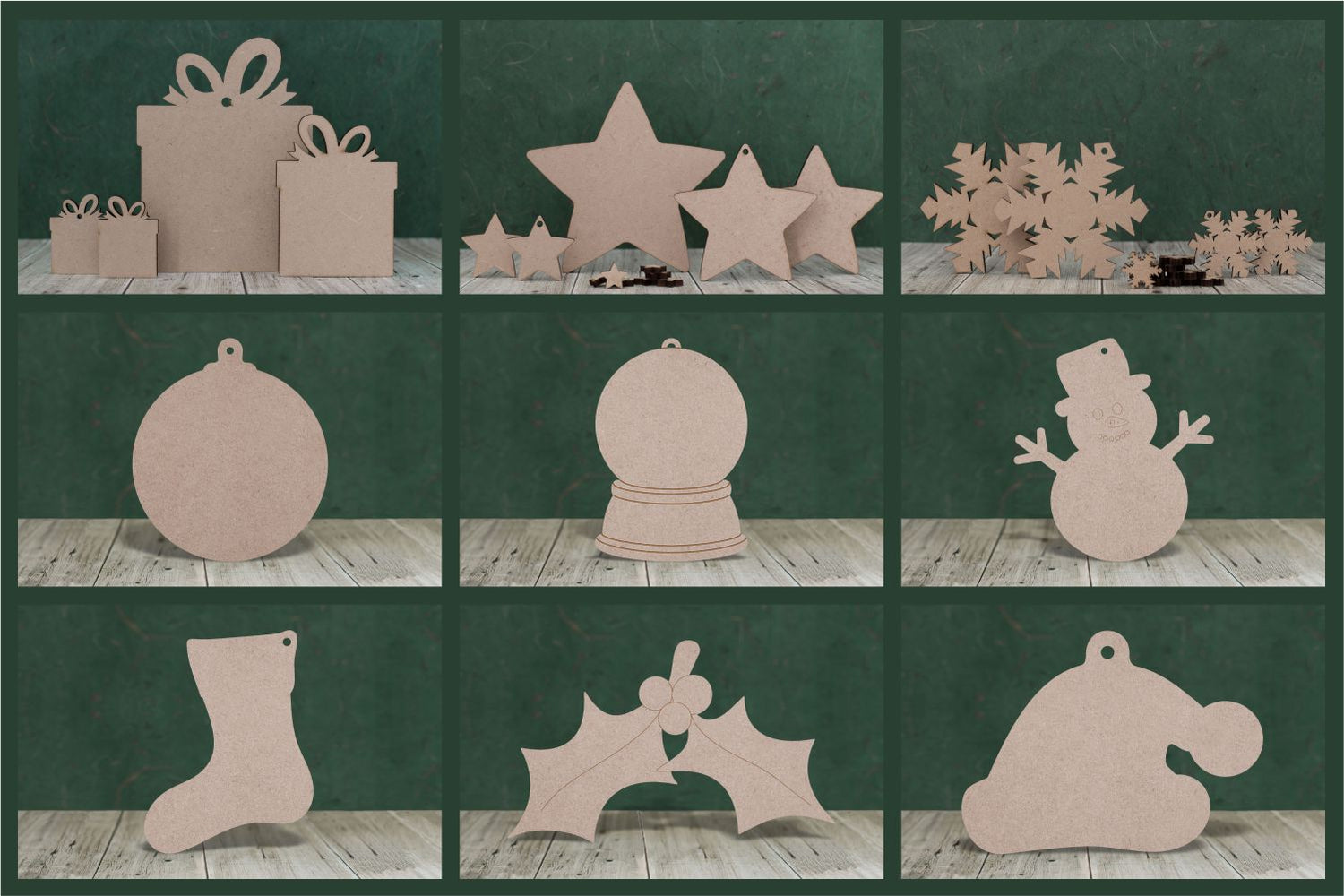 Selection of nine Christmas shapes for crafts cut from 3mm thick MDF 