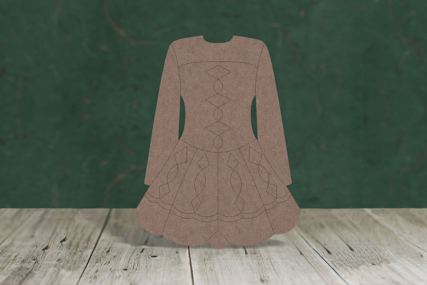 Laser cut, blank wooden Irish dress with etched detail shape for craft