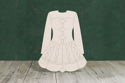 laser cut blank wooden Irish dress with etched detail shape for craft