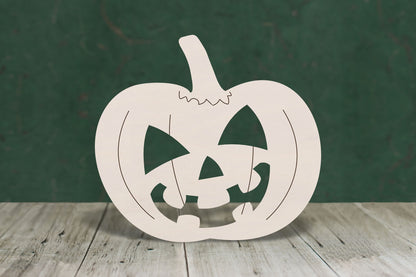 laser cut blank wooden Pumpkin 1 with cut out halloween face and etched detail shape for craft