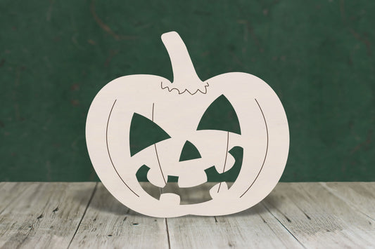 laser cut blank wooden Pumpkin 1 with cut out halloween face and etched detail shape for craft