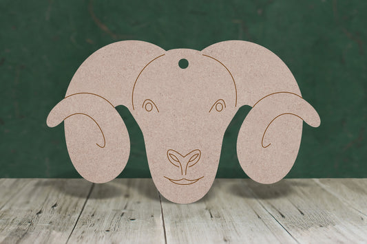 Sheep head with horns and etched face - wooden craft shape - 3mm MDF