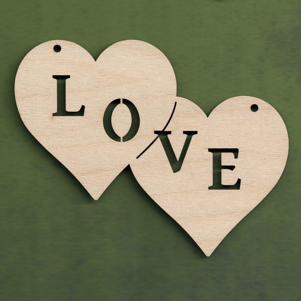 Double heart with "love" text cutout - plywood